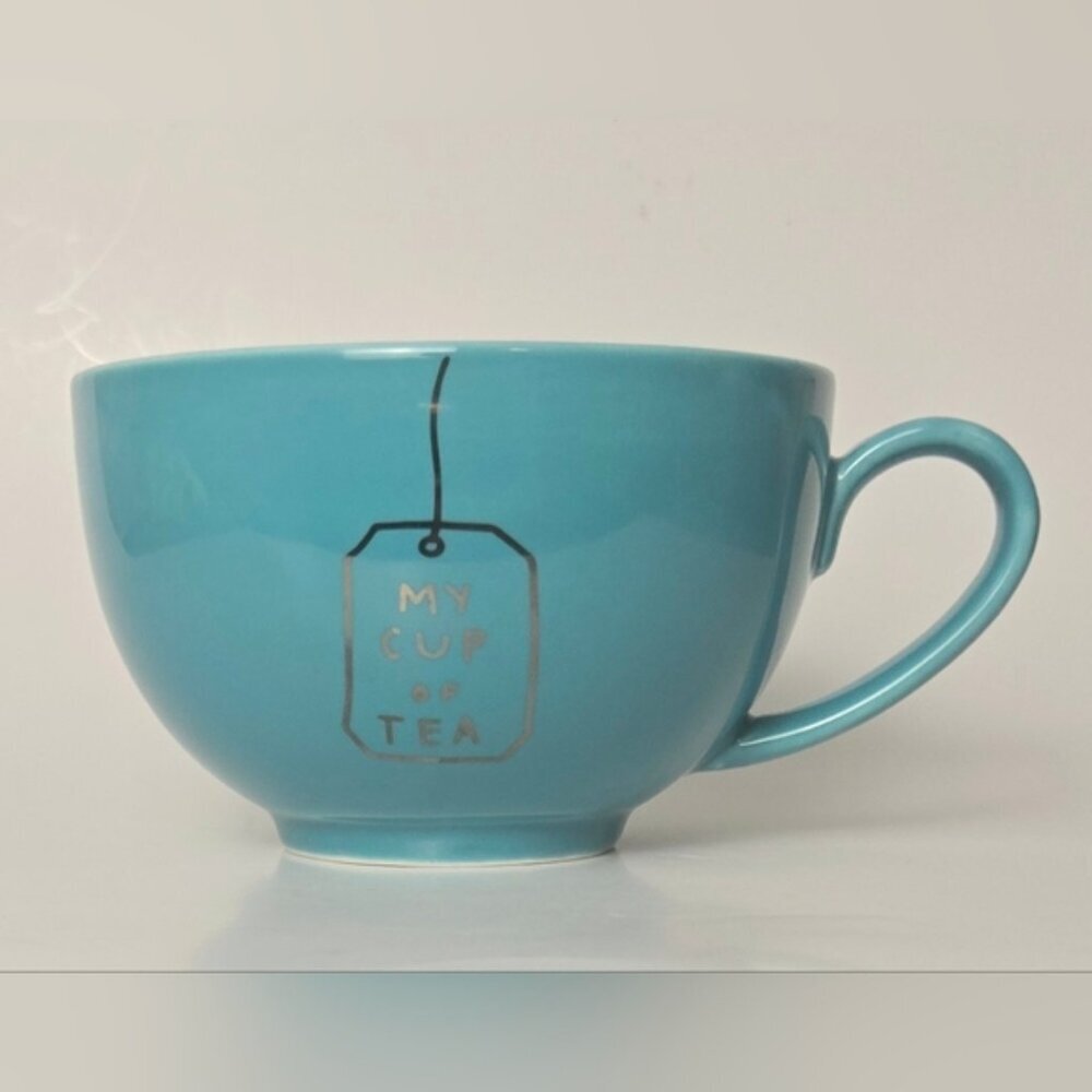 Indigo Turquoise Ceramic Oversized Tea Cup with Tag Design "My Cup Of Tea"